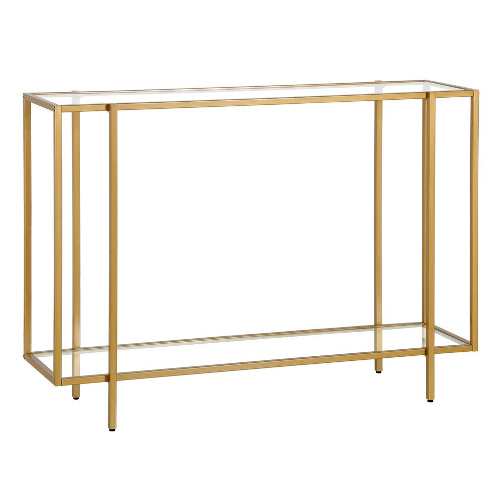 Vireo 42'' Wide Rectangular Console Table with Glass Shelf in Brushed Brass. Picture 1