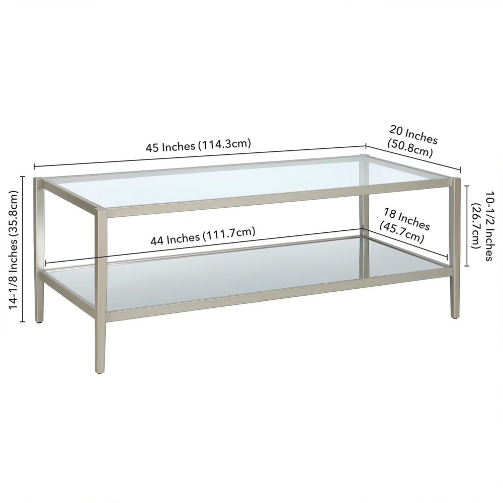 Hera 45'' Wide Rectangular Coffee Table with Mirror Shelf in Satin Nickel. Picture 5