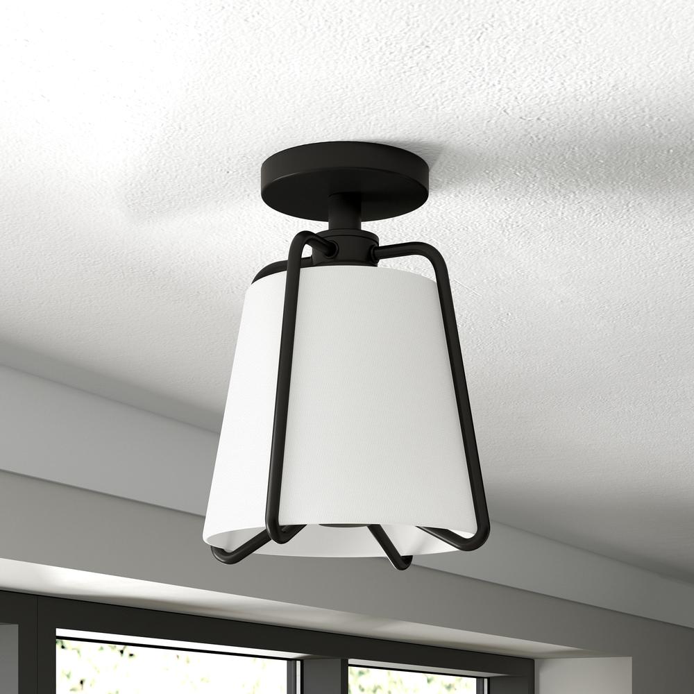 Marduk 9.5" Semi Flush Mount with Fabric Shade in Blackened Bronze/White. Picture 2