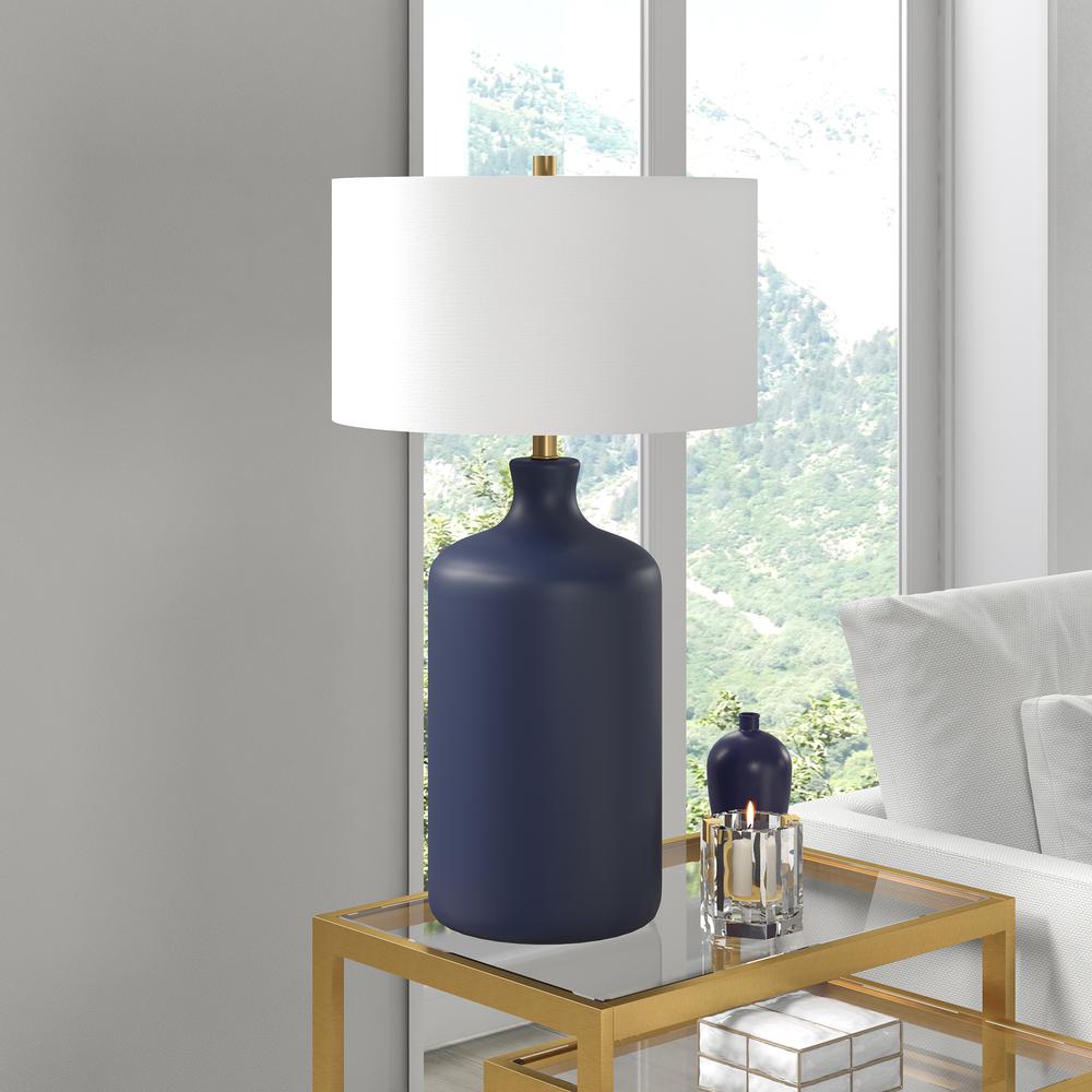Sloane 29" Tall Ceramic Table Lamp with Fabric Shade in Matte Navy/White. Picture 2