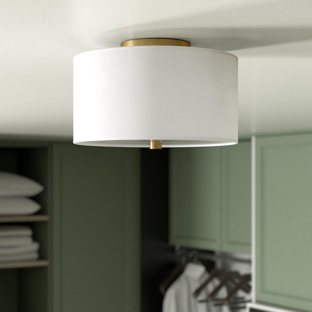 Ellis 12" Flush Mount with Fabric Shade in Brass/White. Picture 2