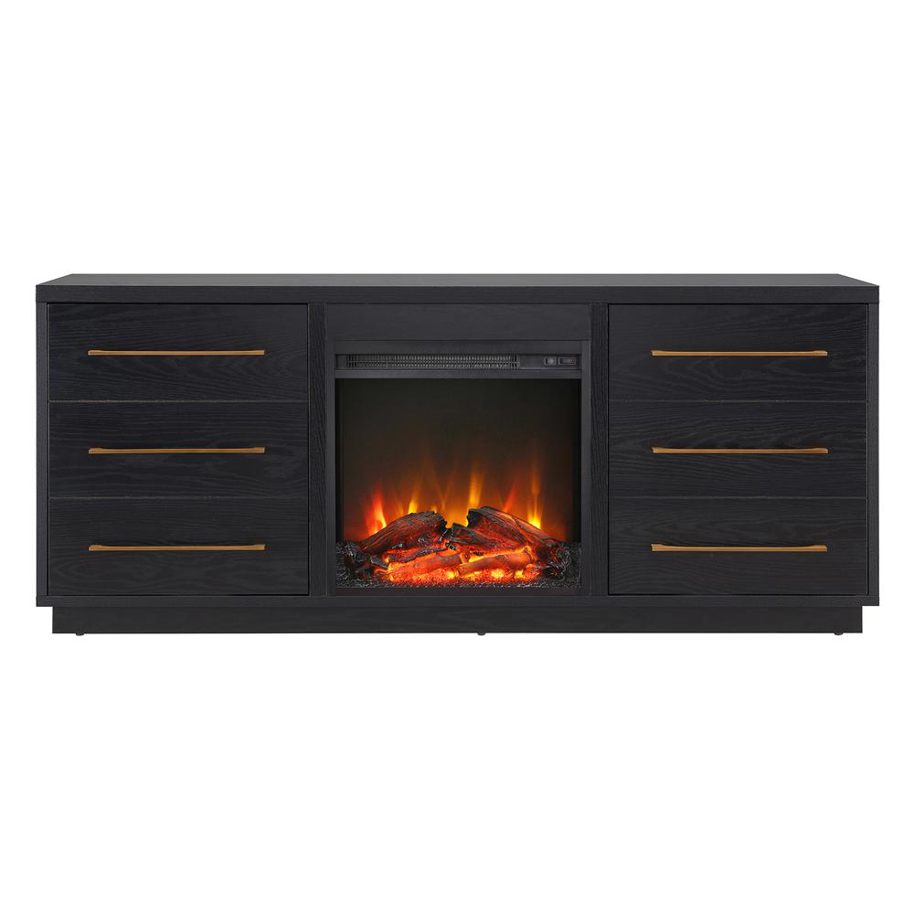 Greer Rectangular TV Stand with Log Fireplace for TV's up to 65" in Black Grain. Picture 3