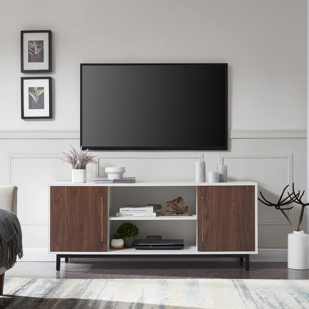 Julian Rectangular TV Stand for TV's up to 65" in White/Walnut. Picture 4