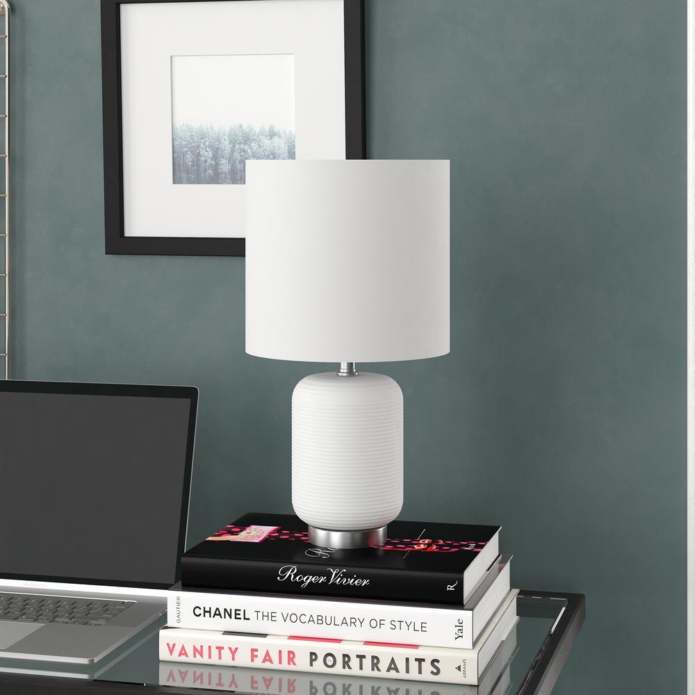 Lambert 15" Tall Ceramic Mini Lamp with Fabric Shade in Matte White/Brushed Nickel/White. Picture 2