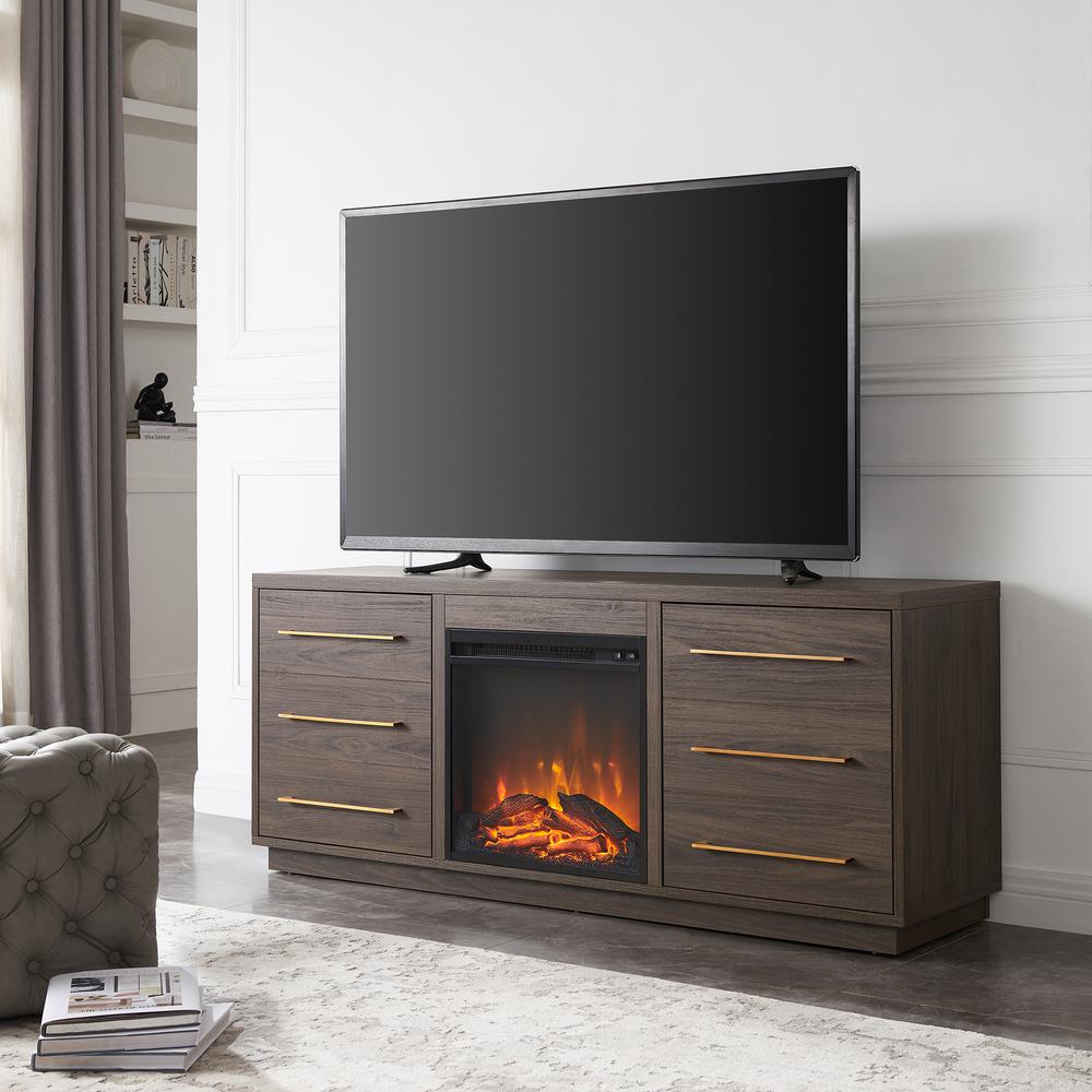 Greer Rectangular TV Stand with Log Fireplace for TV's up to 65" in Alder Brown. Picture 2