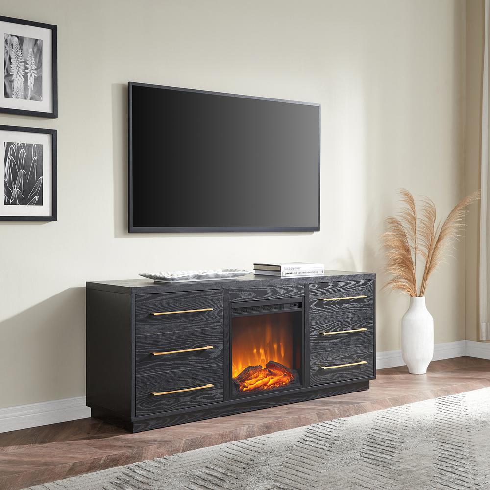 Greer Rectangular TV Stand with Log Fireplace for TV's up to 65" in Black Grain. Picture 2