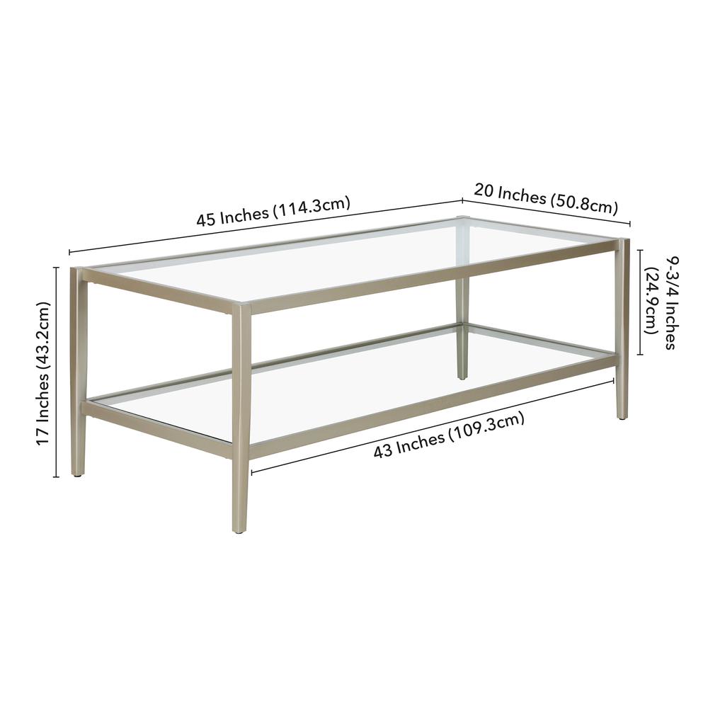 Hera 45'' Wide Rectangular Coffee Table with Glass Shelf in Satin Nickel. Picture 5
