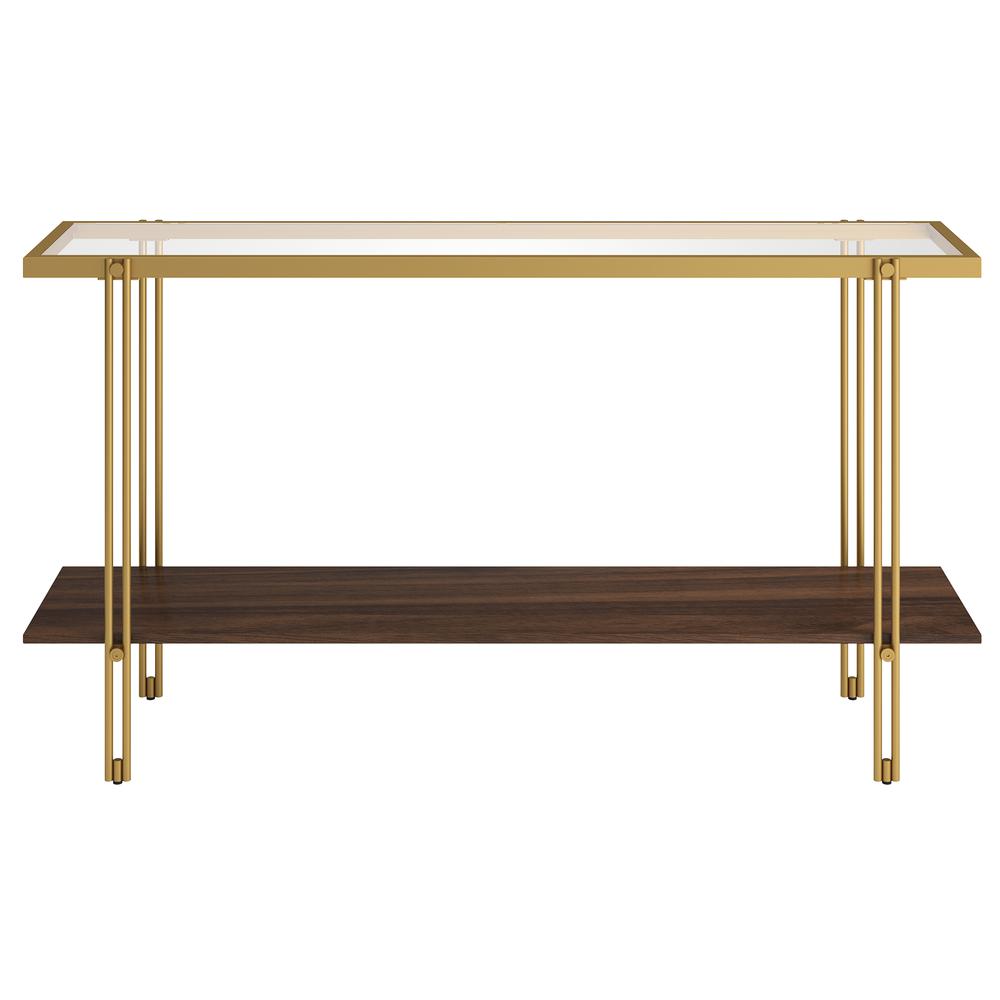 Inez 55" Wide Rectangular Console Table with MDF Shelf in Brass and Walnut. Picture 3