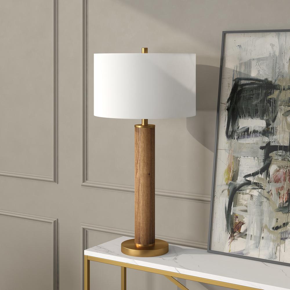 Harlow 29" Tall Table Lamp with Fabric Shade in Rustic Oak/Brass/White. Picture 2