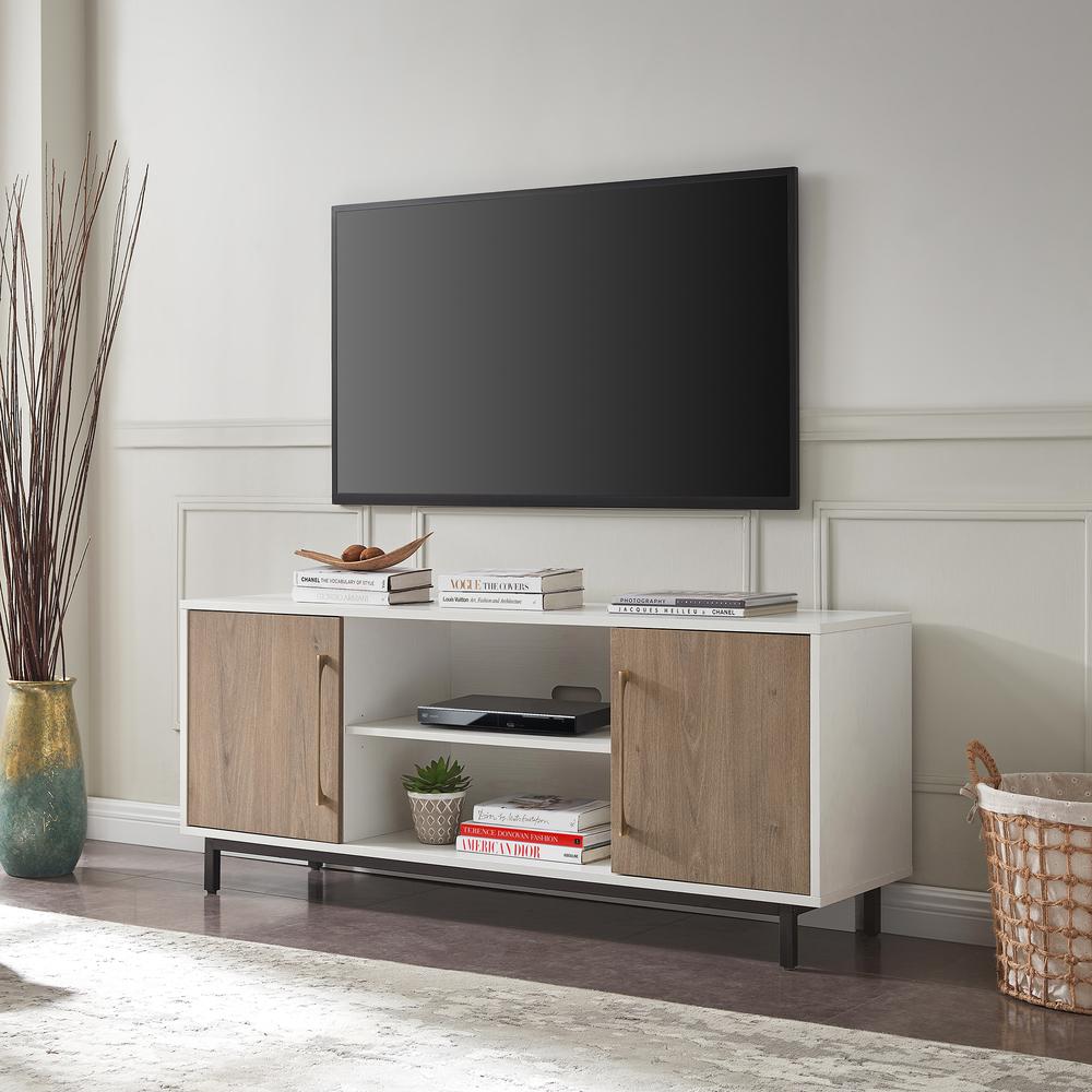 Julian Rectangular TV Stand for TV's up to 65" in White/Antiqued Gray Oak. Picture 2