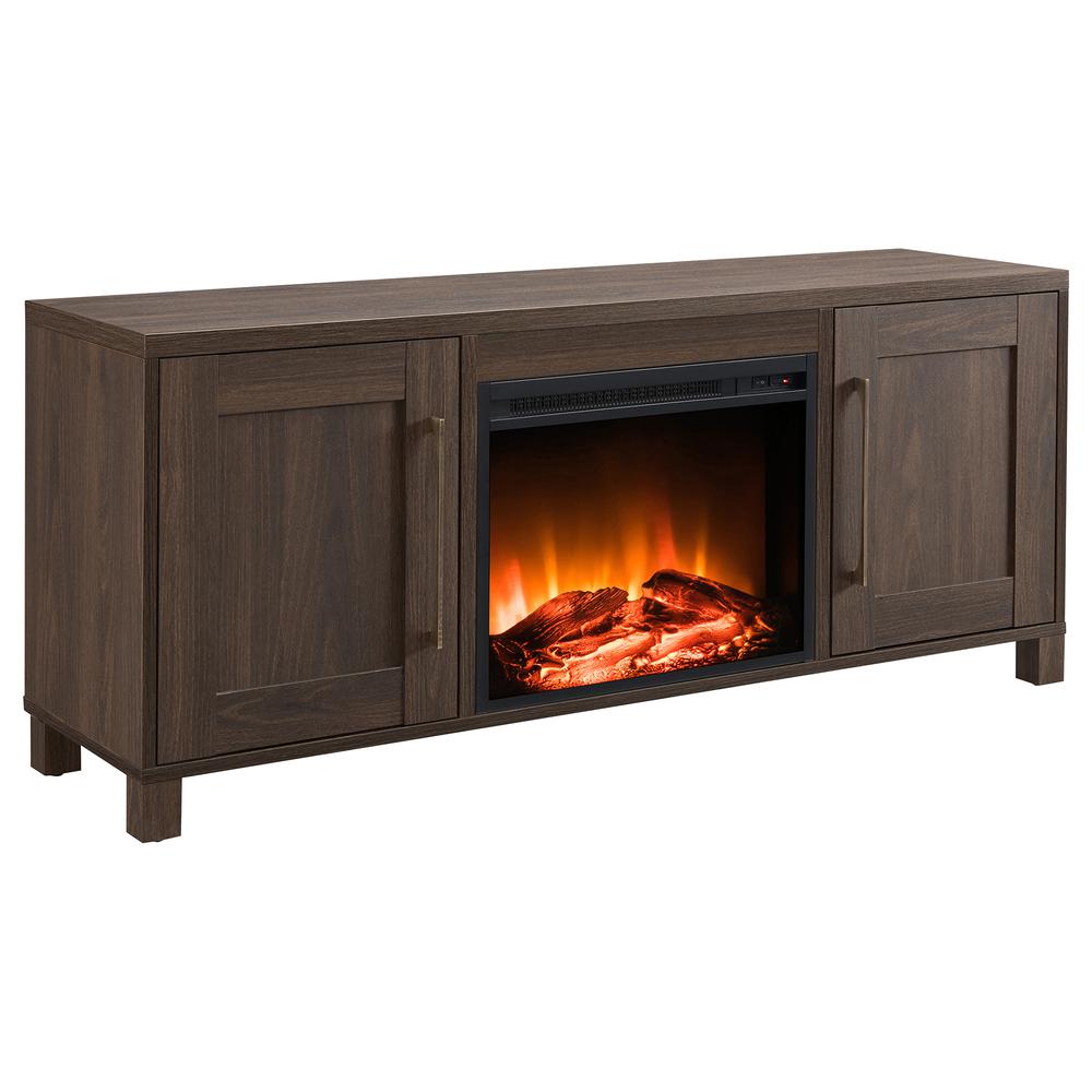 Chabot Rectangular TV Stand with Log Fireplace for TV's up to 65" in Alder Brown. Picture 1