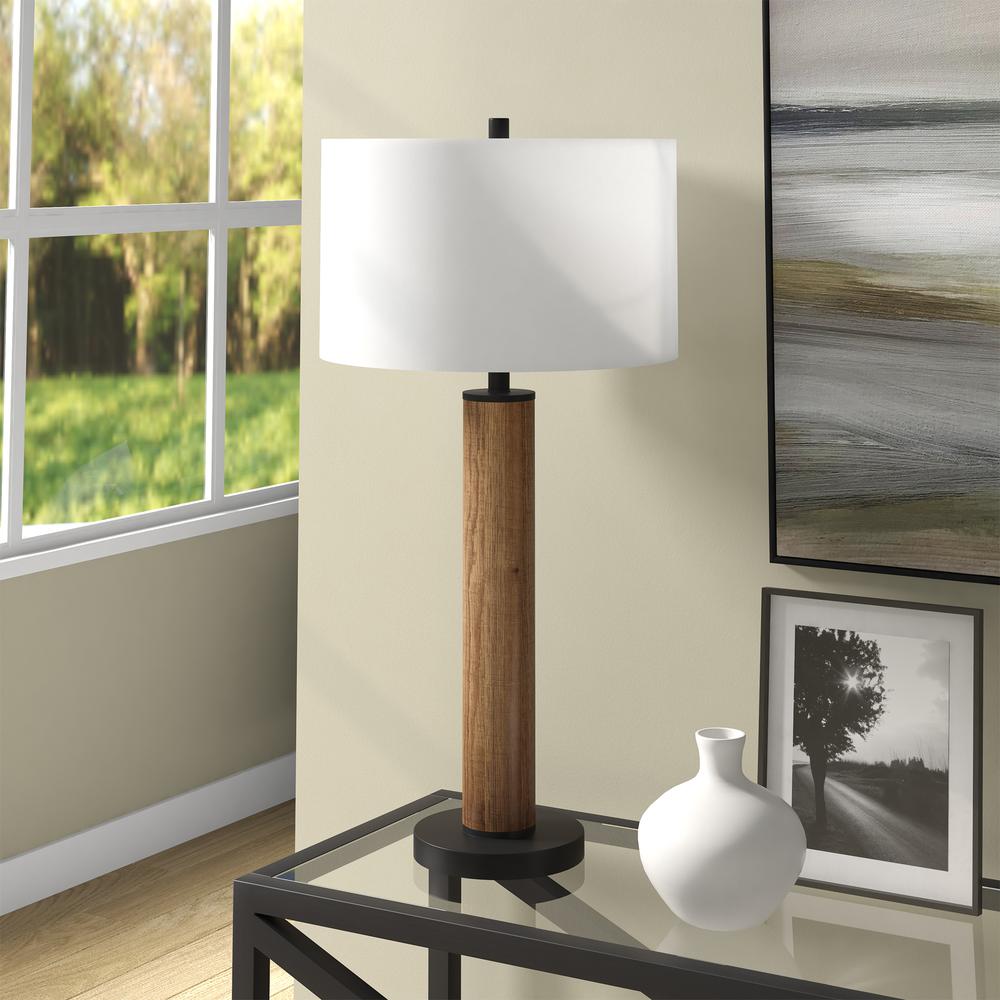 Harlow 29" Tall Table Lamp with Fabric Shade in Rustic Oak/Blackened Bronze/White. Picture 2