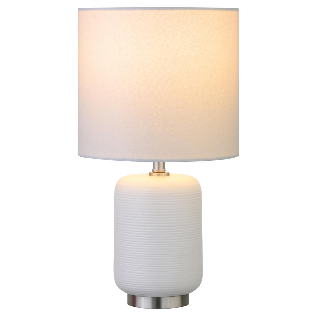Lambert 15" Tall Ceramic Mini Lamp with Fabric Shade in Matte White/Brushed Nickel/White. Picture 3