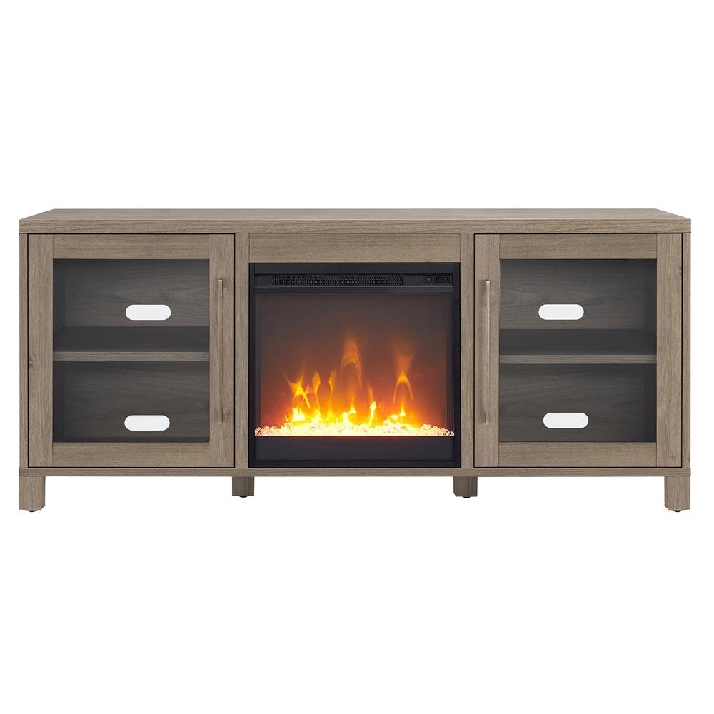 Quincy Rectangular TV Stand with Crystal Fireplace for TV's up to 65" in Antiqued Gray Oak. Picture 3