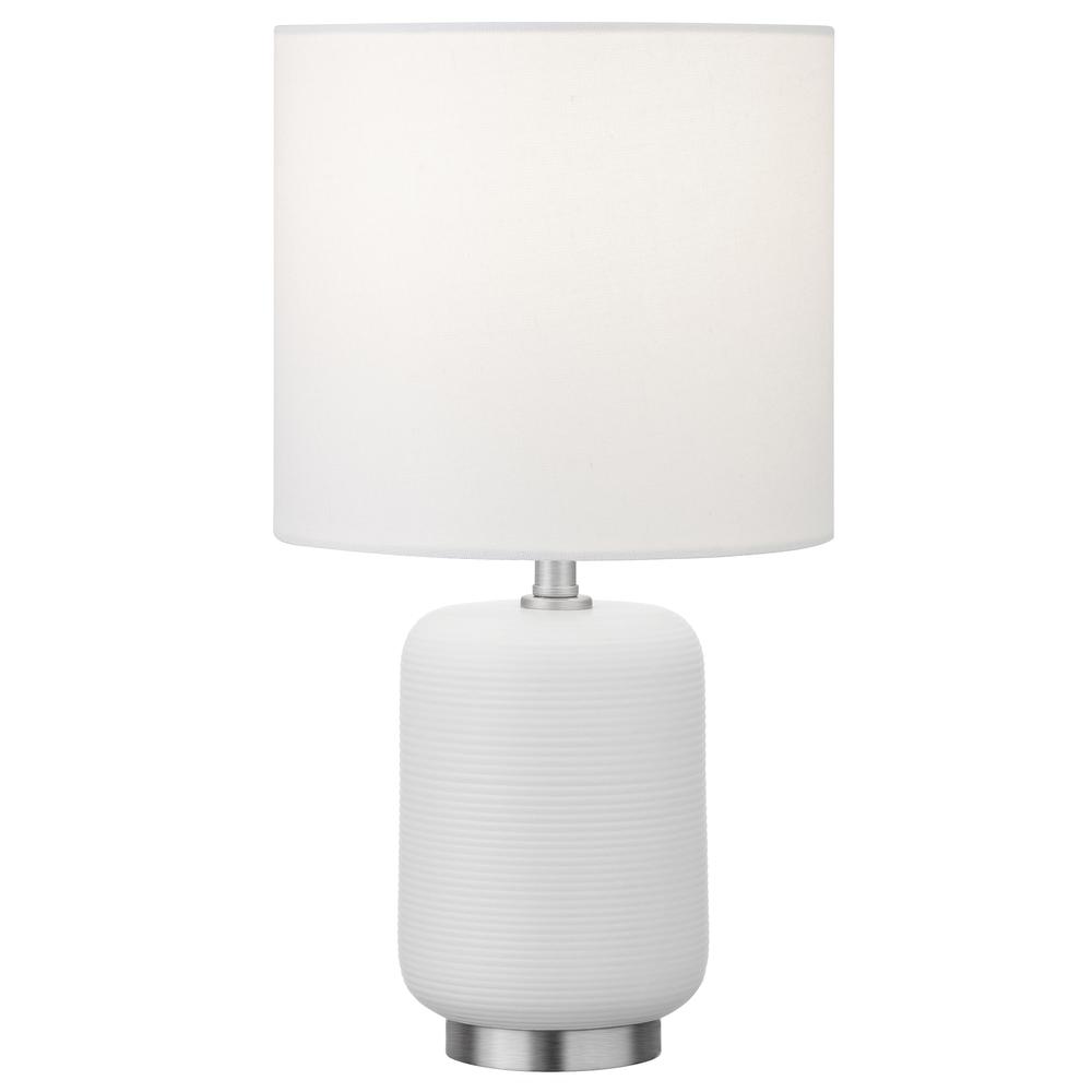 Lambert 15" Tall Ceramic Mini Lamp with Fabric Shade in Matte White/Brushed Nickel/White. Picture 1