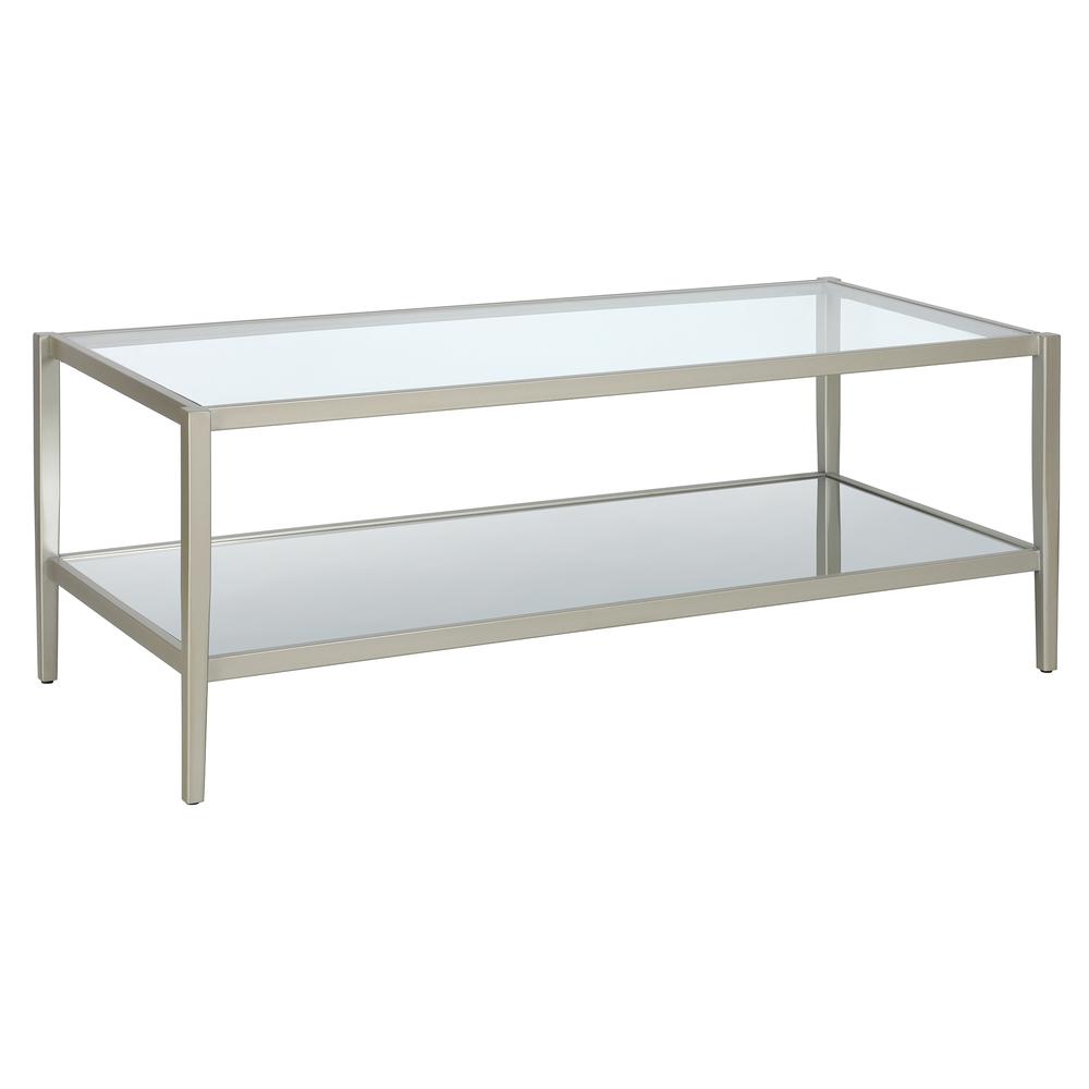 Hera 45'' Wide Rectangular Coffee Table with Mirror Shelf in Satin Nickel. Picture 1
