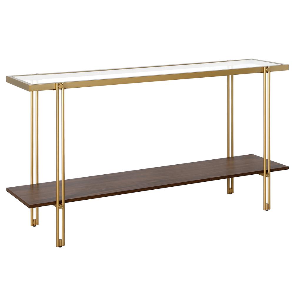 Inez 55" Wide Rectangular Console Table with MDF Shelf in Brass and Walnut. Picture 1