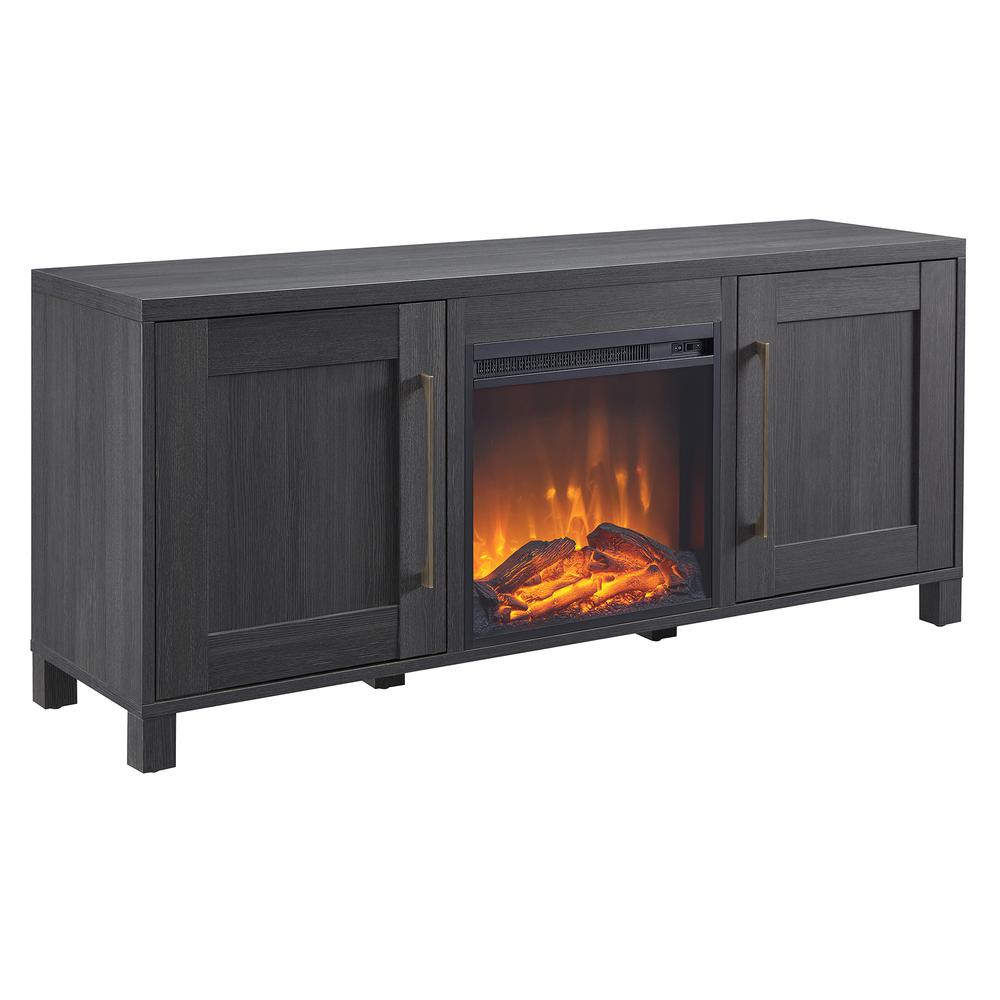 Chabot Rectangular TV Stand with Log Fireplace for TV's up to 65" in Charcoal Gray. Picture 1