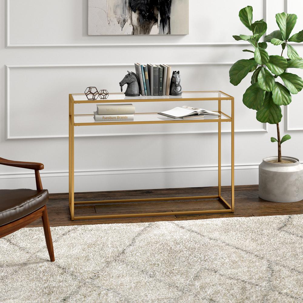 Addison 42'' Wide Rectangular Console Table with Glass Shelf in Brass. Picture 2