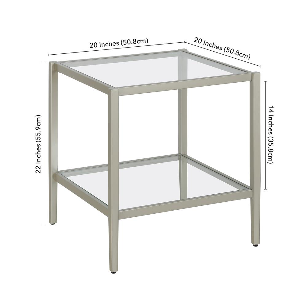 Hera 20'' Wide Square Side Table with Clear Shelf in Satin Nickel. Picture 5