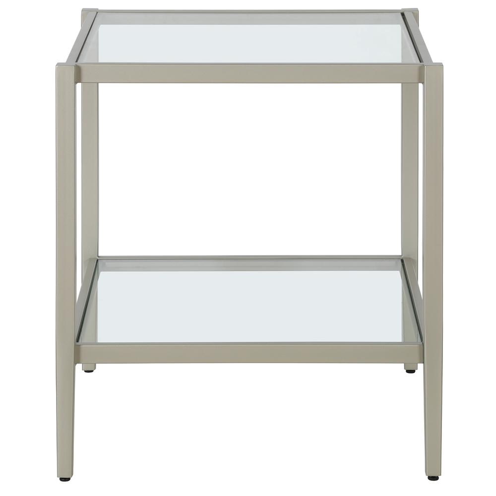 Hera 20'' Wide Square Side Table with Clear Shelf in Satin Nickel. Picture 3