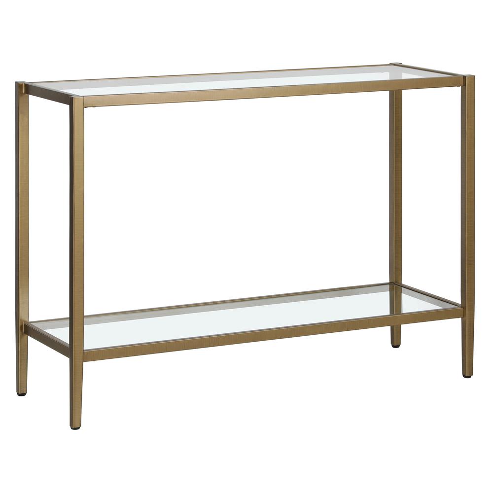 Hera 42'' Wide Rectangular Console Table with Clear Shelf in Antique Brass. Picture 1
