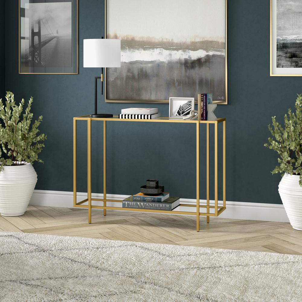 Vireo 42'' Wide Rectangular Console Table with Glass Shelf in Brushed Brass. Picture 4