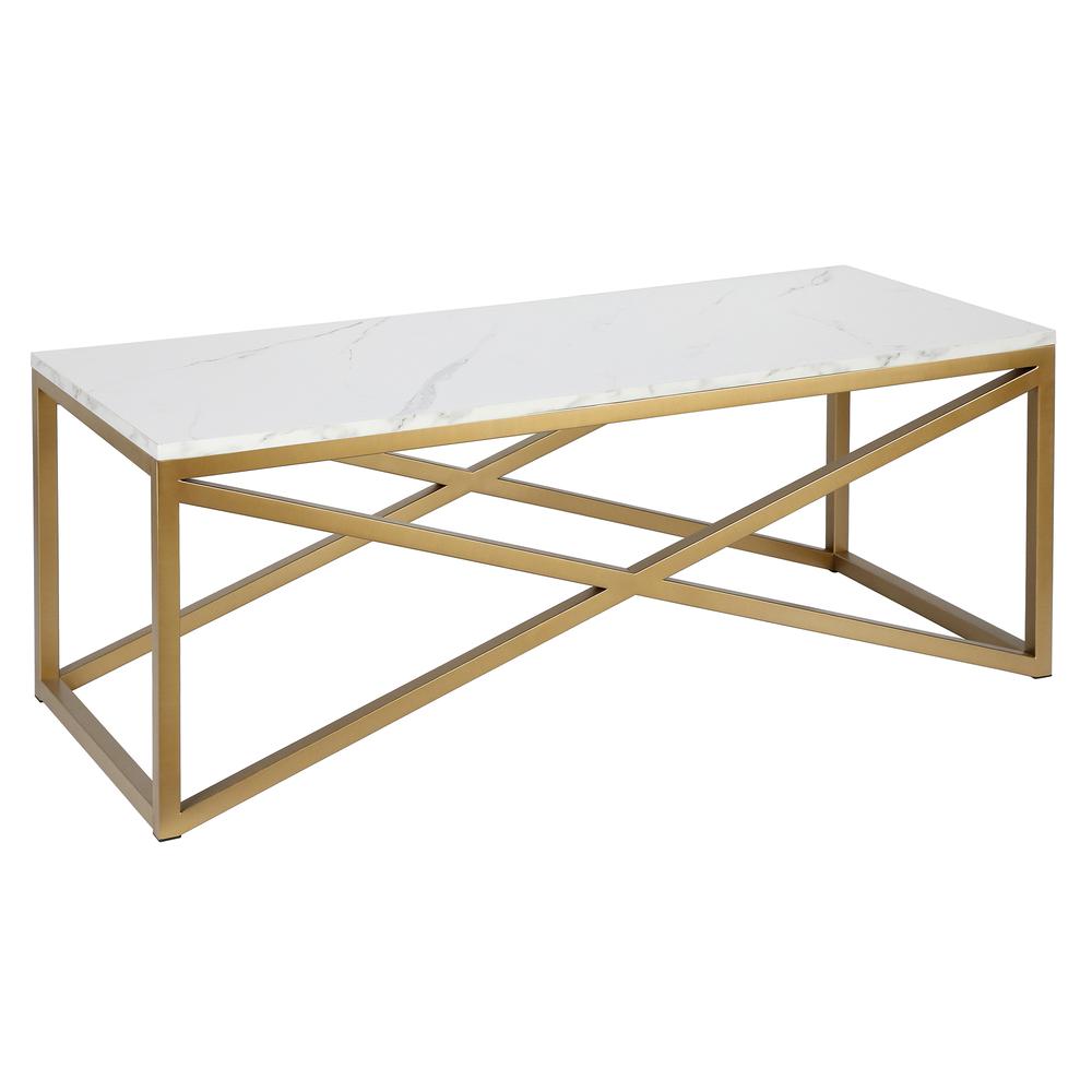 Calix 46'' Wide Rectangular Coffee Table with Faux Marble Top in Brass. Picture 1