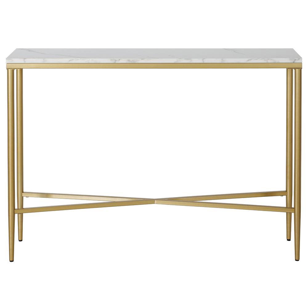 Huxley 42" Wide Retangular Console Table with Faux Marble Top in Brass. Picture 3