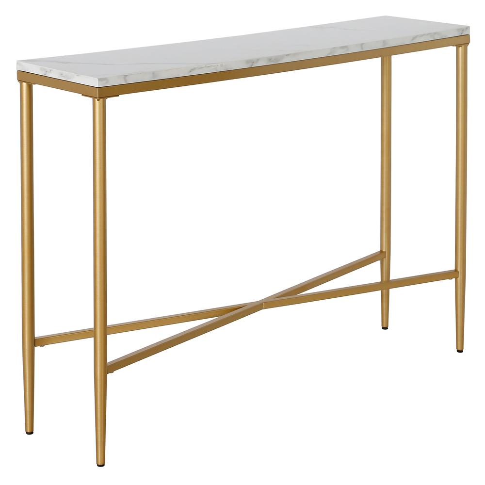 Huxley 42" Wide Retangular Console Table with Faux Marble Top in Brass. Picture 1
