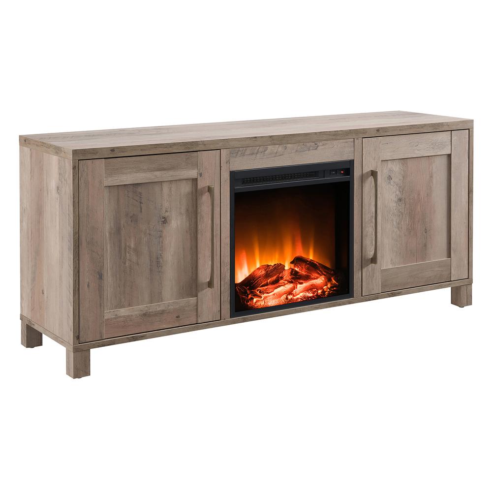 Chabot Rectangular TV Stand with Log Fireplace for TV's up to 65" in Gray Oak. Picture 1