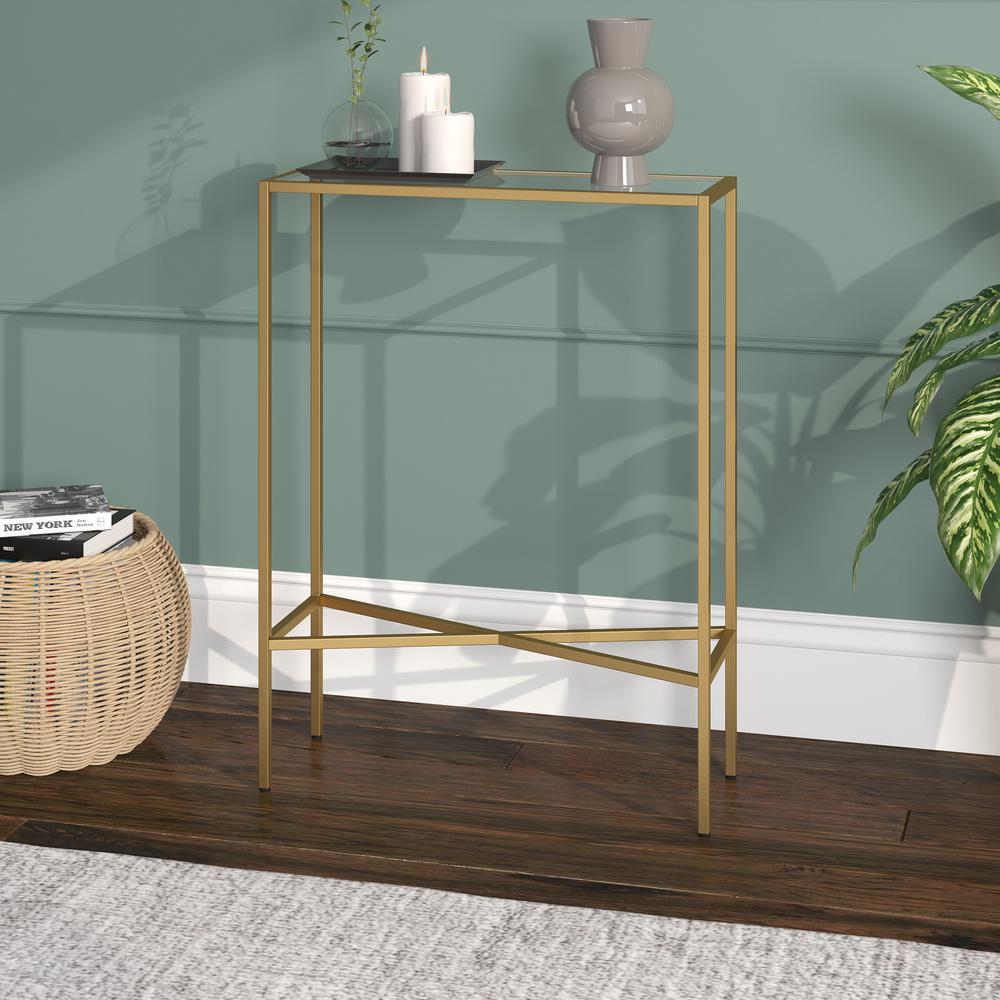 Henley 22'' Wide Rectangular Console Table with Glass Top in Brass. Picture 2