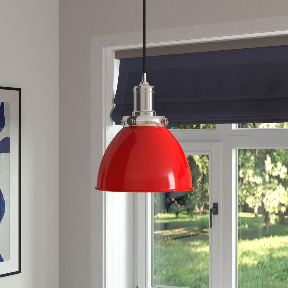 Madison 12" Wide Pendant with Metal Shade in Poppy Red/Polished Nickel/Poppy Red. Picture 2