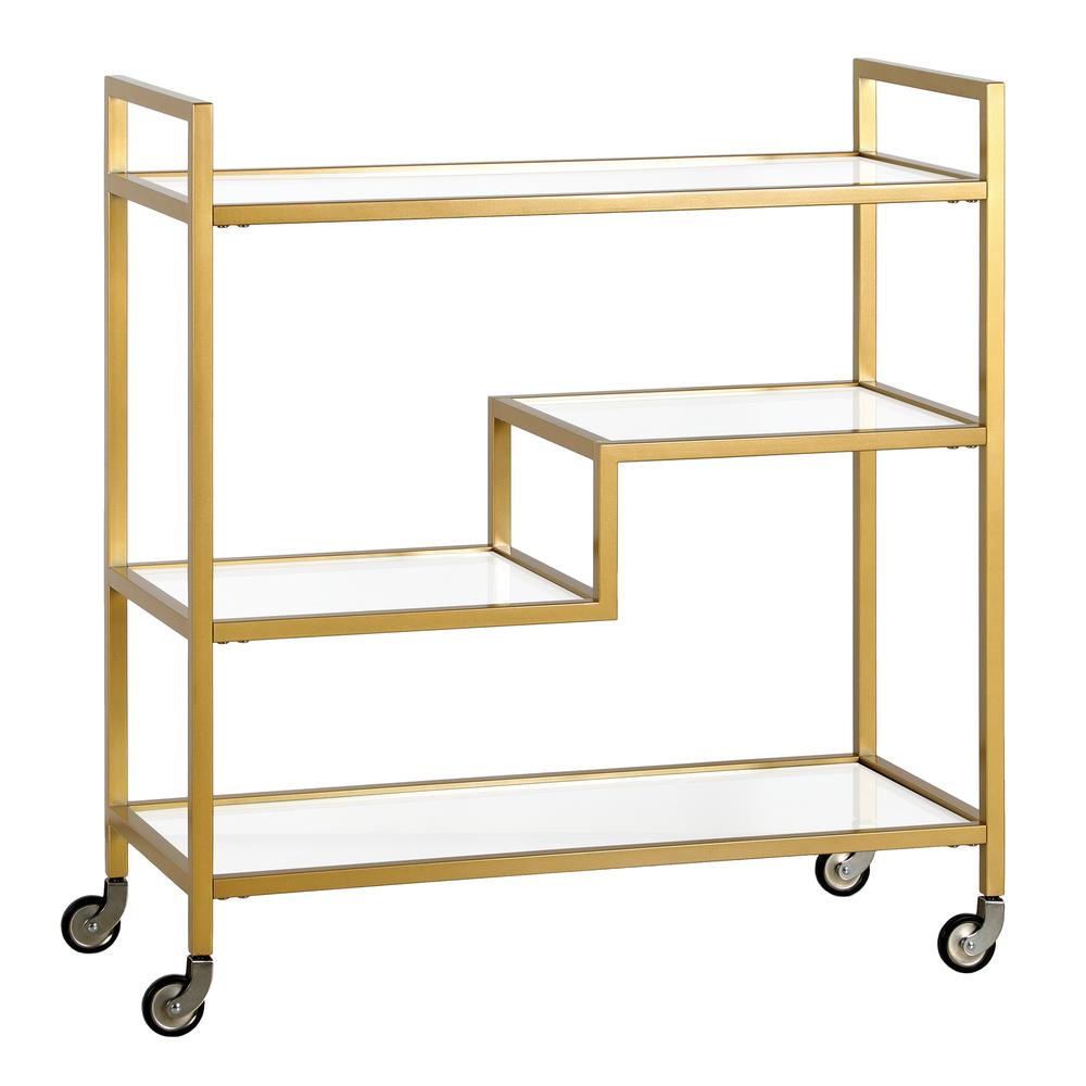 Lovett 33" Wide Rectangular Bar Cart with Glass Shelves in Brass. Picture 1
