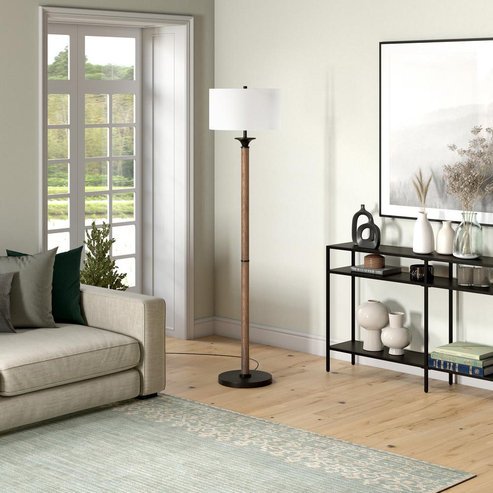 Delaney 66" Tall Floor Lamp with Fabric Shade in Rustic Oak/Blackened Bronze. Picture 3