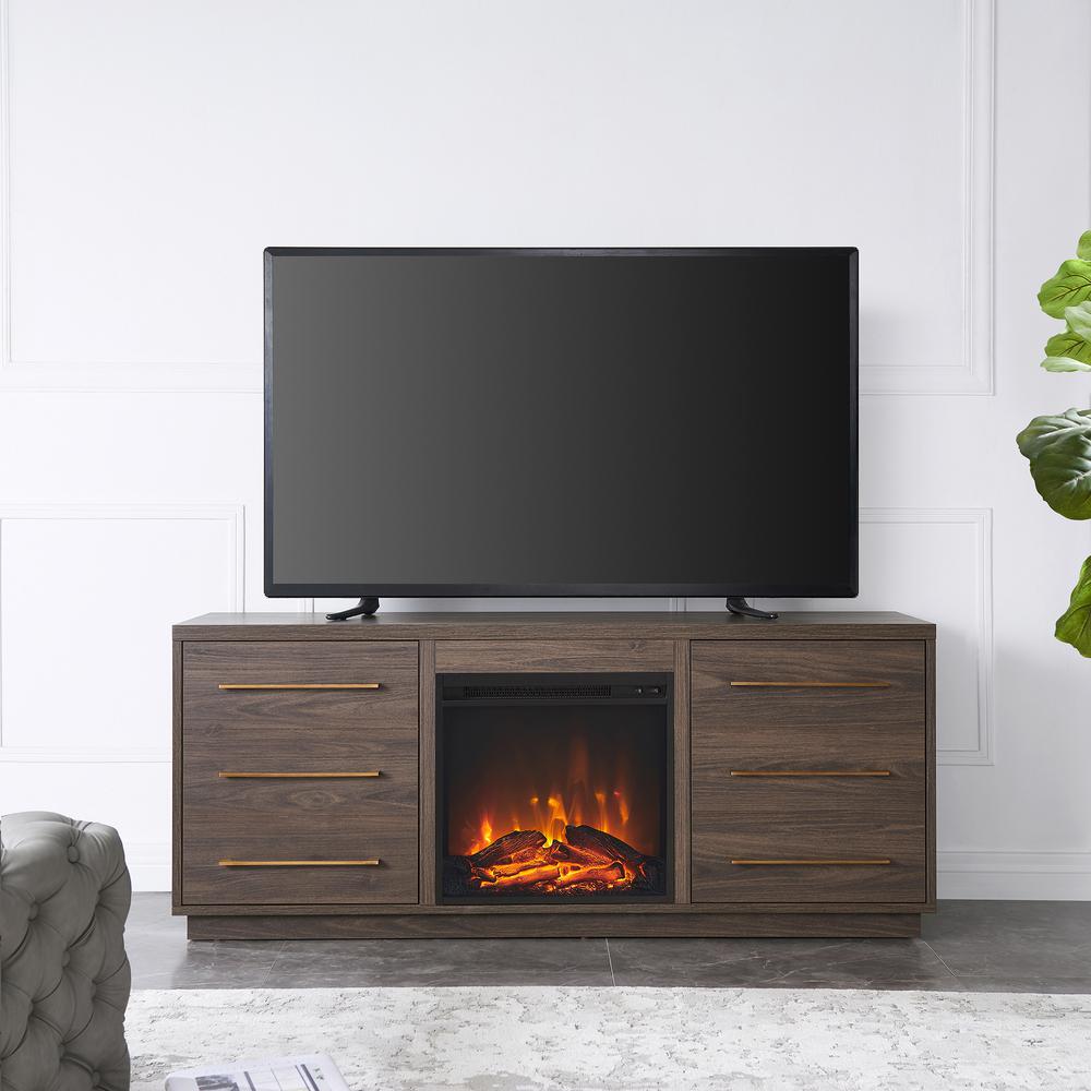 Greer Rectangular TV Stand with Log Fireplace for TV's up to 65" in Alder Brown. Picture 4