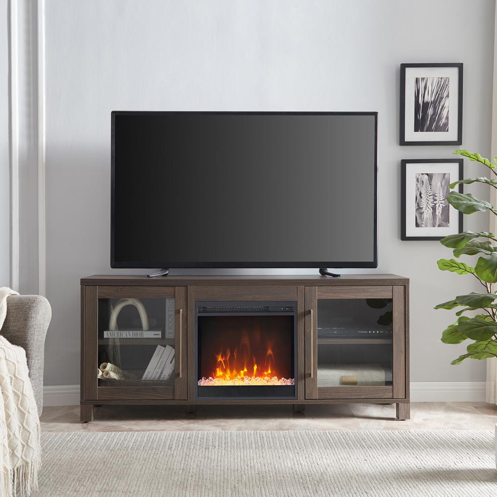 Quincy Rectangular TV Stand with Log Fireplace for TV's up to 65" in Alder Brown. Picture 4