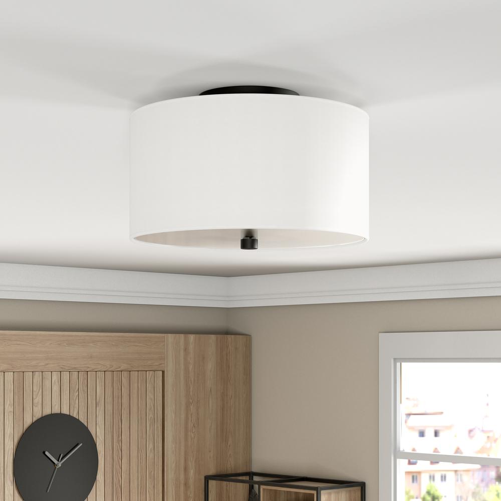 Ellis 12" Flush Mount with Fabric Shade in Matte Black/White. Picture 2