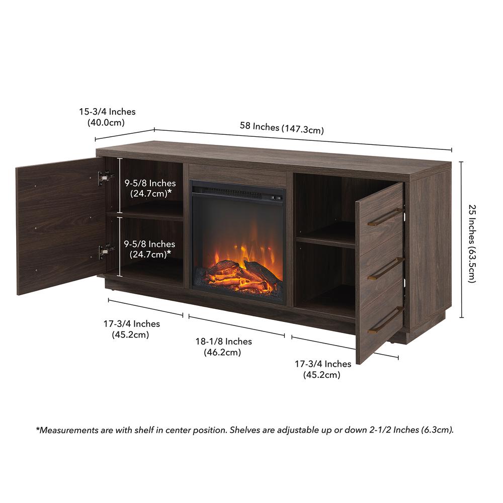 Greer Rectangular TV Stand with Log Fireplace for TV's up to 65" in Alder Brown. Picture 5