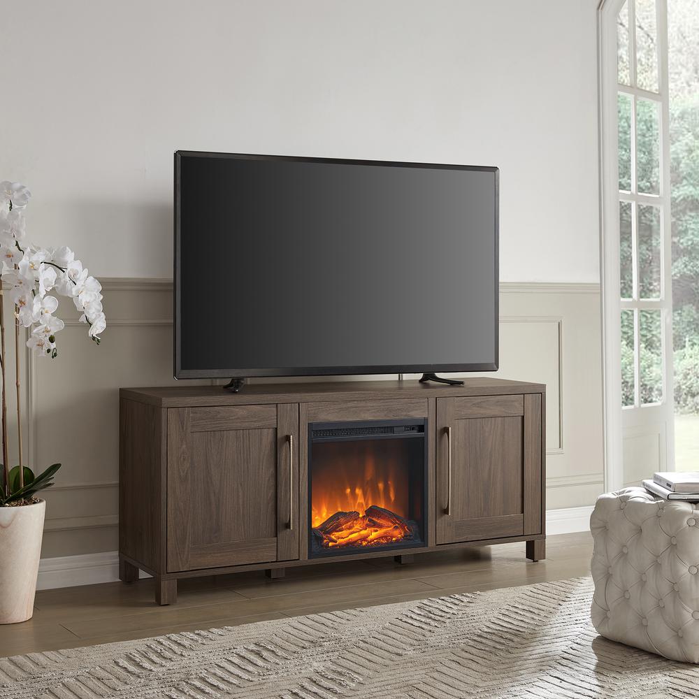 Chabot Rectangular TV Stand with Log Fireplace for TV's up to 65" in Alder Brown. Picture 2