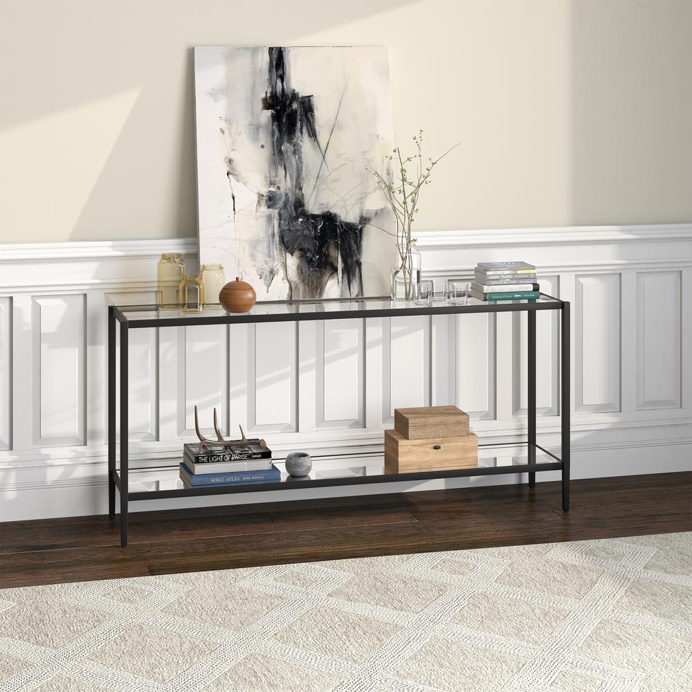 Hera 64'' Wide Rectangular Console Table with Glass Shelf in Blackened Bronze. Picture 4