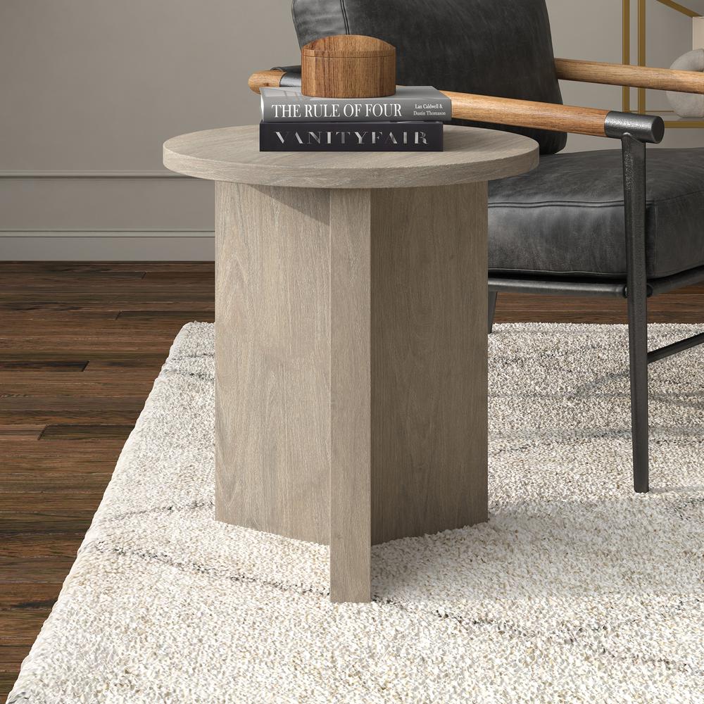 Anders 20" Wide Round Side Table in Antiqued Gray Oak. Picture 9
