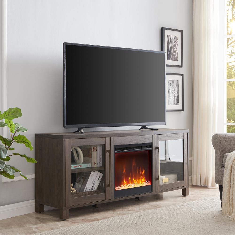 Quincy Rectangular TV Stand with Log Fireplace for TV's up to 65" in Alder Brown. Picture 2