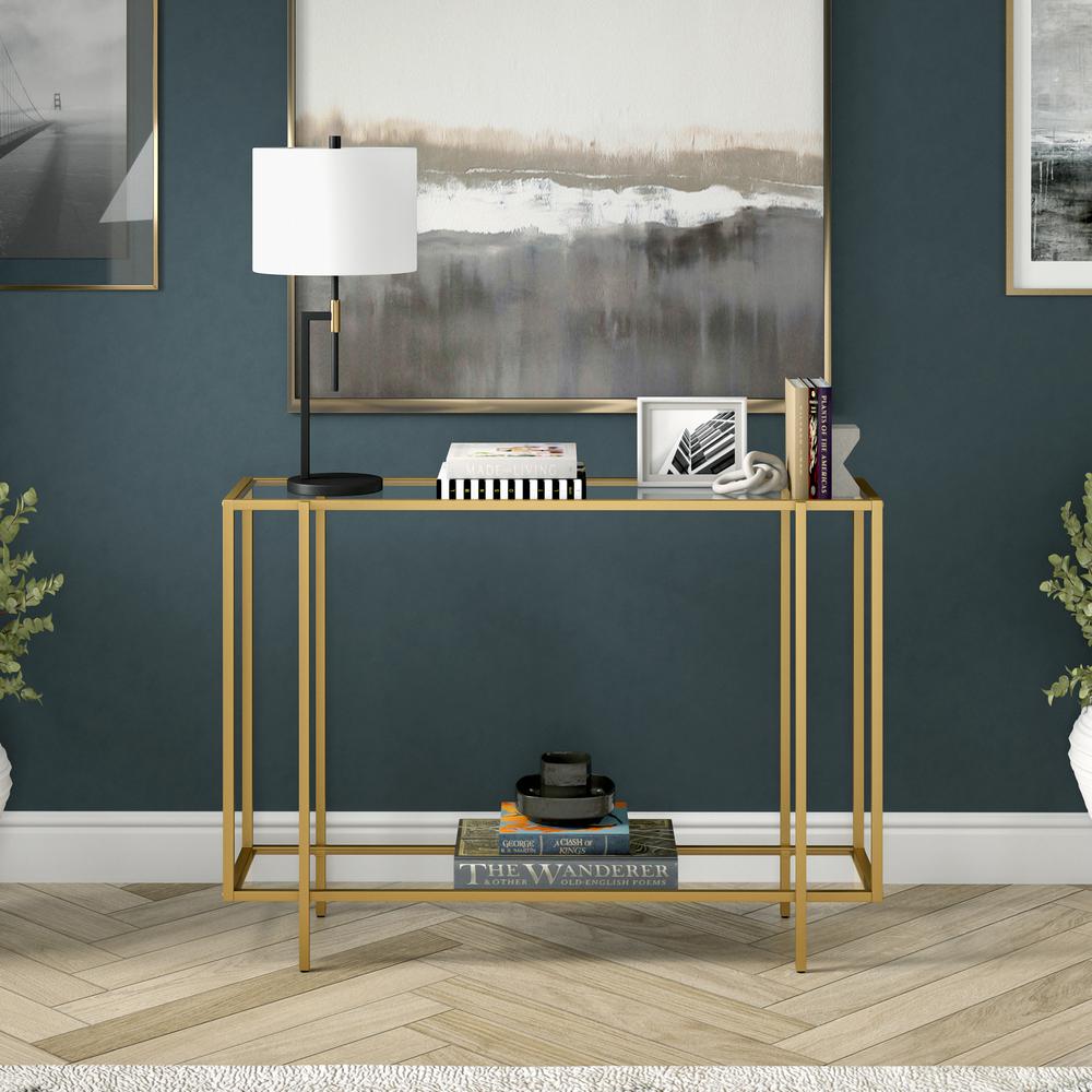 Vireo 42'' Wide Rectangular Console Table with Glass Shelf in Brushed Brass. Picture 2