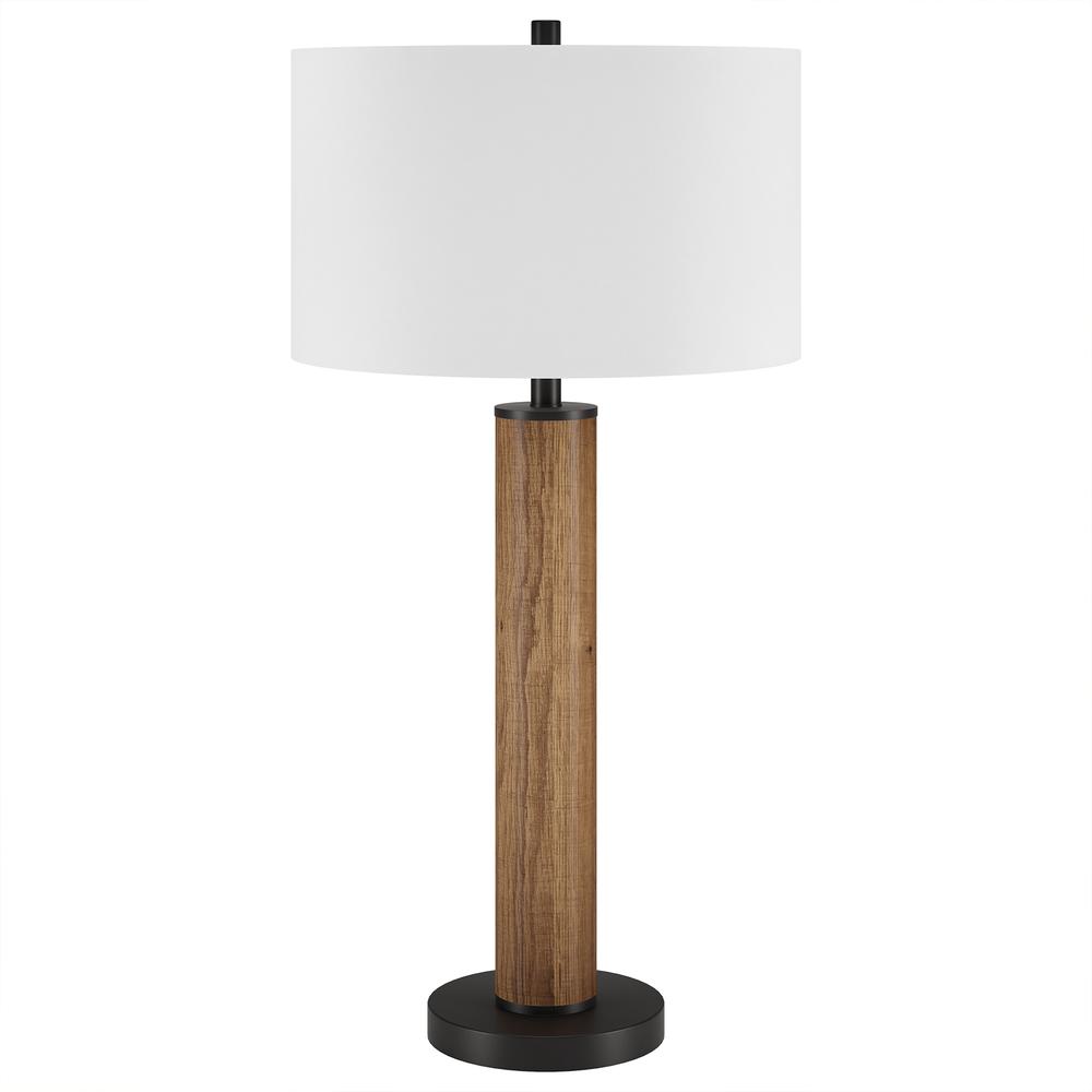 Harlow 29" Tall Table Lamp with Fabric Shade in Rustic Oak/Blackened Bronze/White. Picture 1