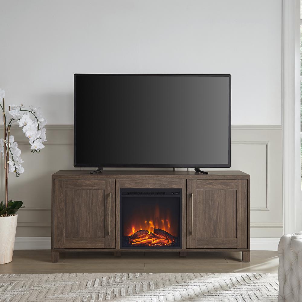 Chabot Rectangular TV Stand with Log Fireplace for TV's up to 65" in Alder Brown. Picture 4