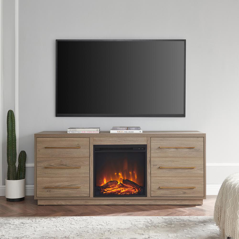 Greer Rectangular TV Stand with Log Fireplace for TV's up to 65" in Antiqued Gray Oak. Picture 9