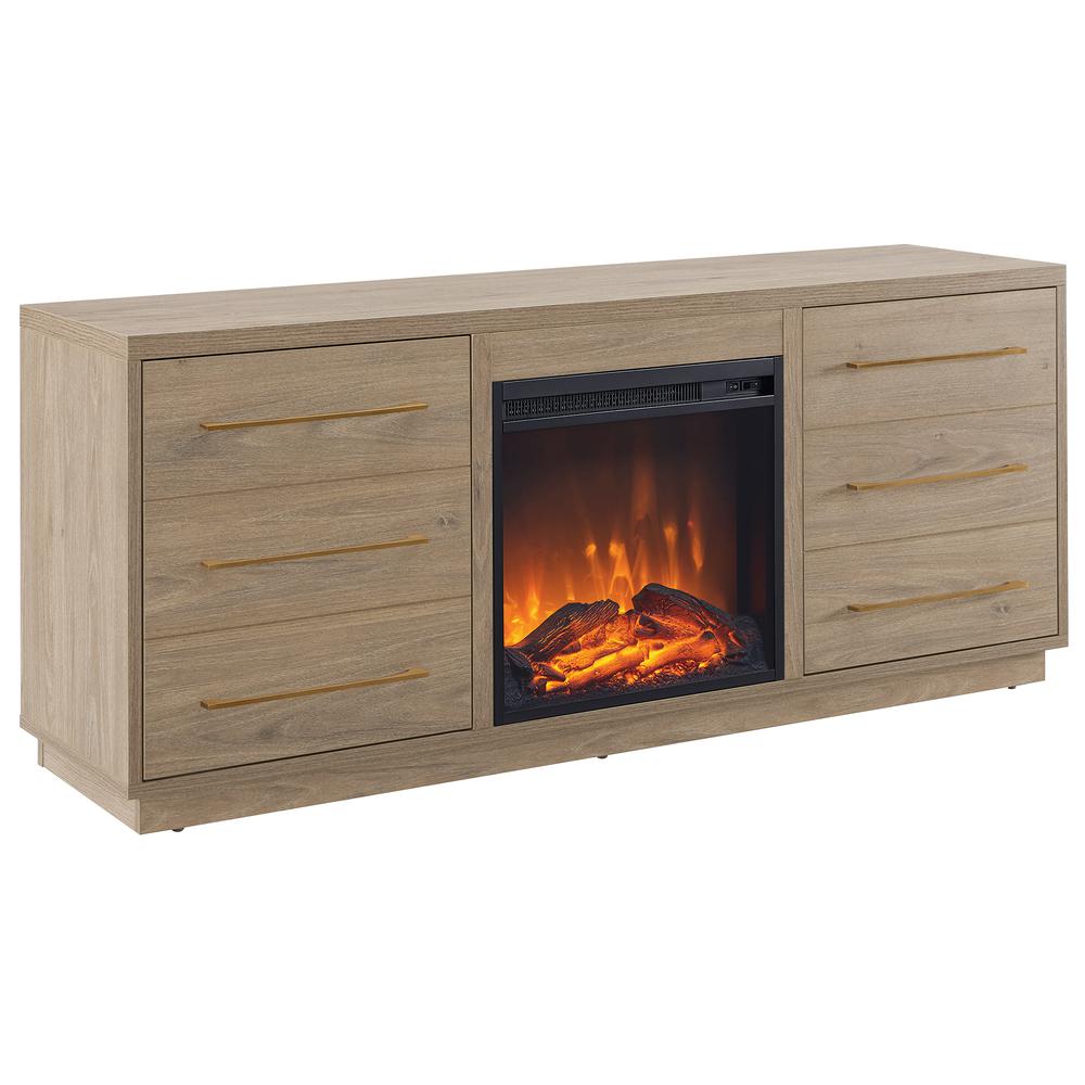Greer Rectangular TV Stand with Log Fireplace for TV's up to 65" in Antiqued Gray Oak. Picture 2