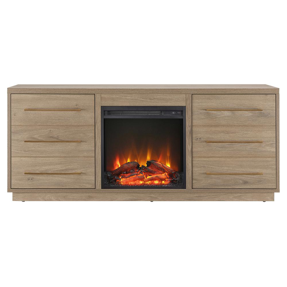 Greer Rectangular TV Stand with Log Fireplace for TV's up to 65" in Antiqued Gray Oak. Picture 1