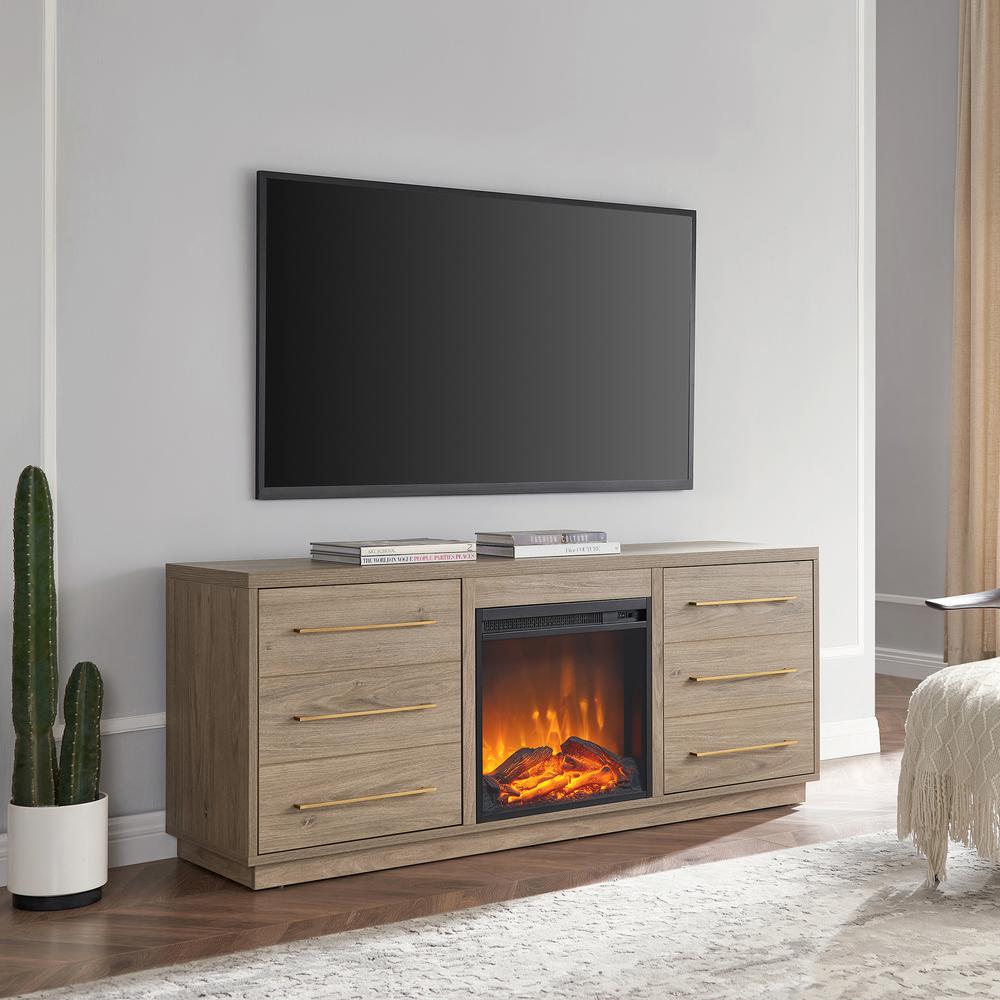 Greer Rectangular TV Stand with Log Fireplace for TV's up to 65" in Antiqued Gray Oak. Picture 10